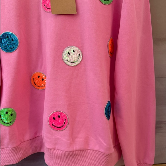 Pink Smiley Face Sequin Crew Neck Sweatshirt - Picture 8 of 9
